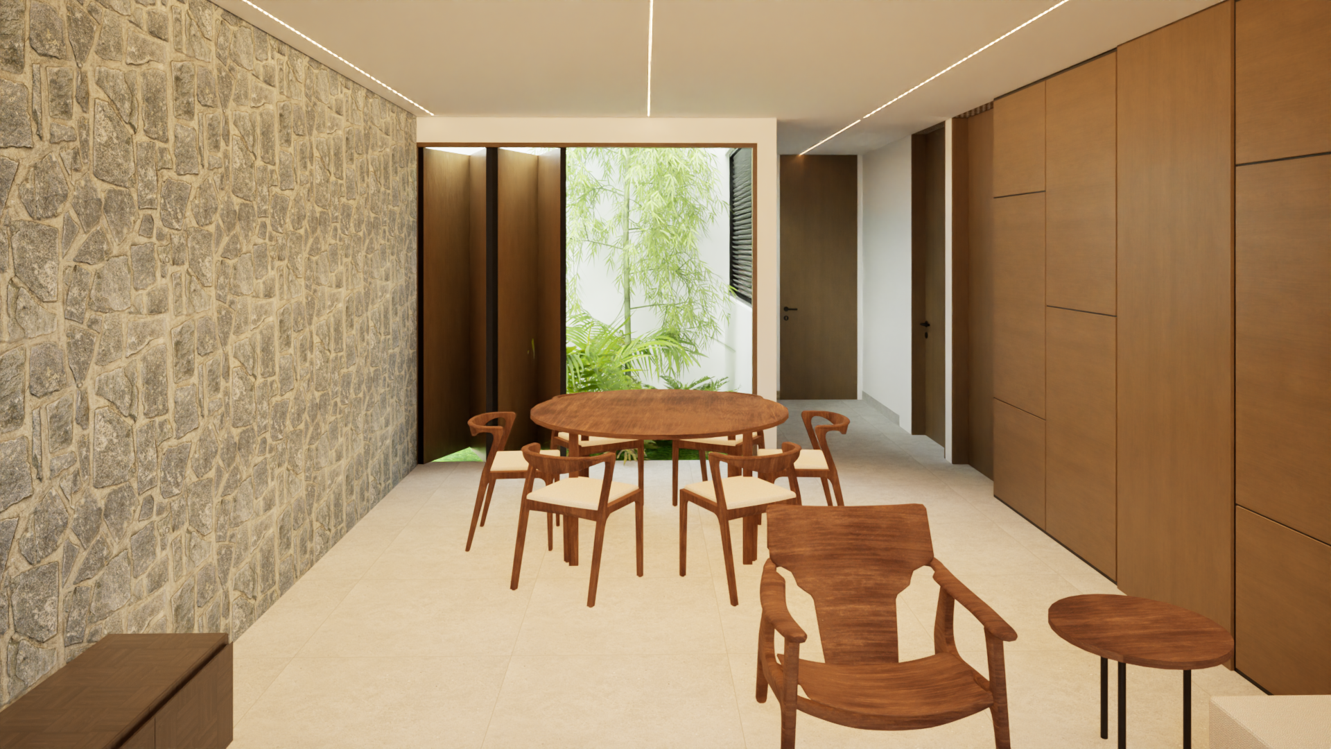 Sala de jantar com marcenaria e pedra natural