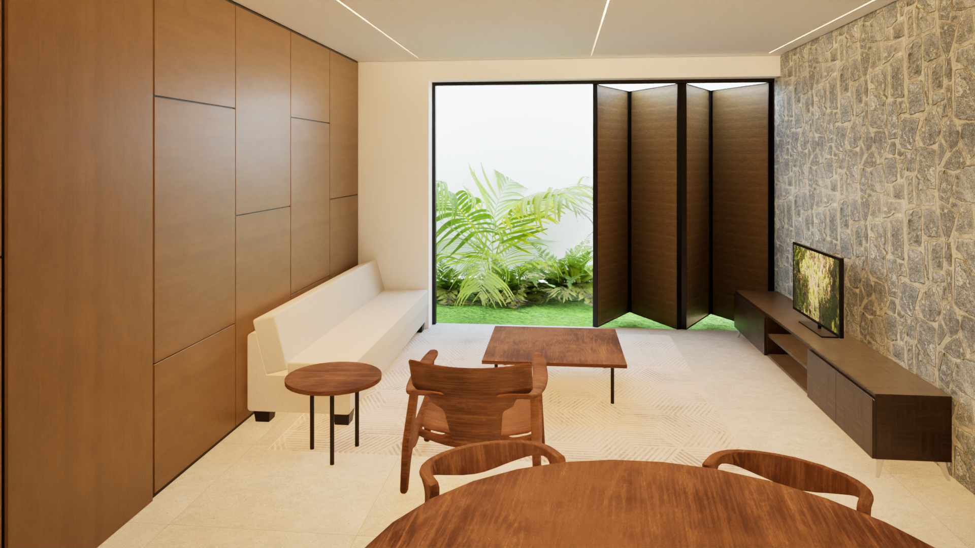 Sala de estar com portas pivotantes de madeira