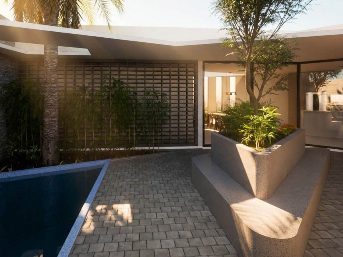 Vista externa com pátio e vegetação