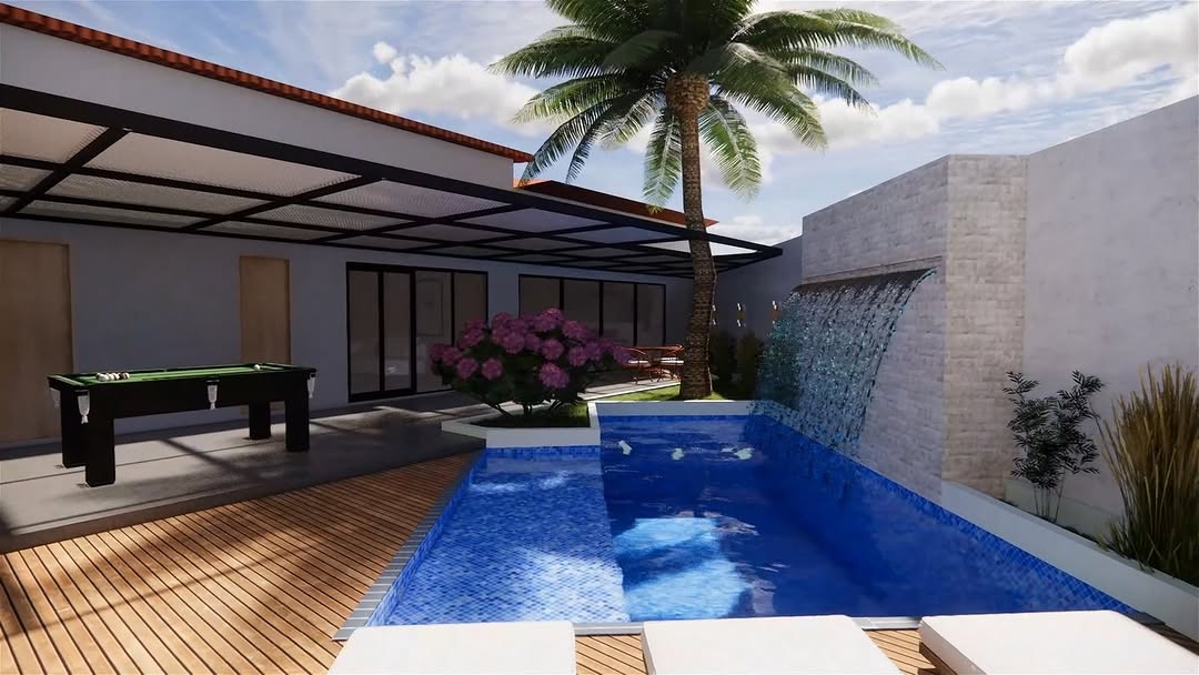 Área de lazer com piscina e pergolado