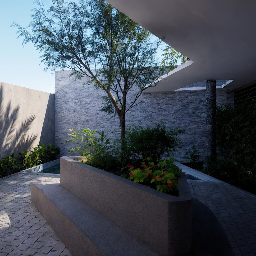 Pátio interno com árvore e paisagismo