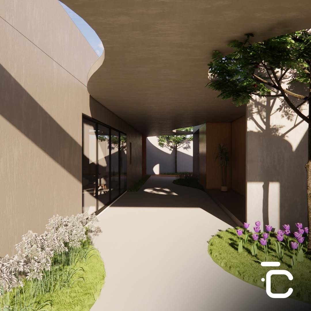 Acesso curvo com paisagismo autoral